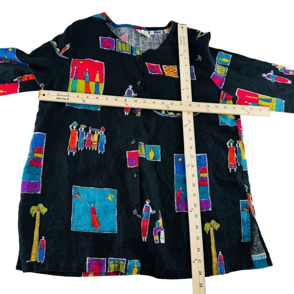 Hot Cotton Womens Linen Jacket Size L Colorful Abstract button down blouse - Picture 5 of 6